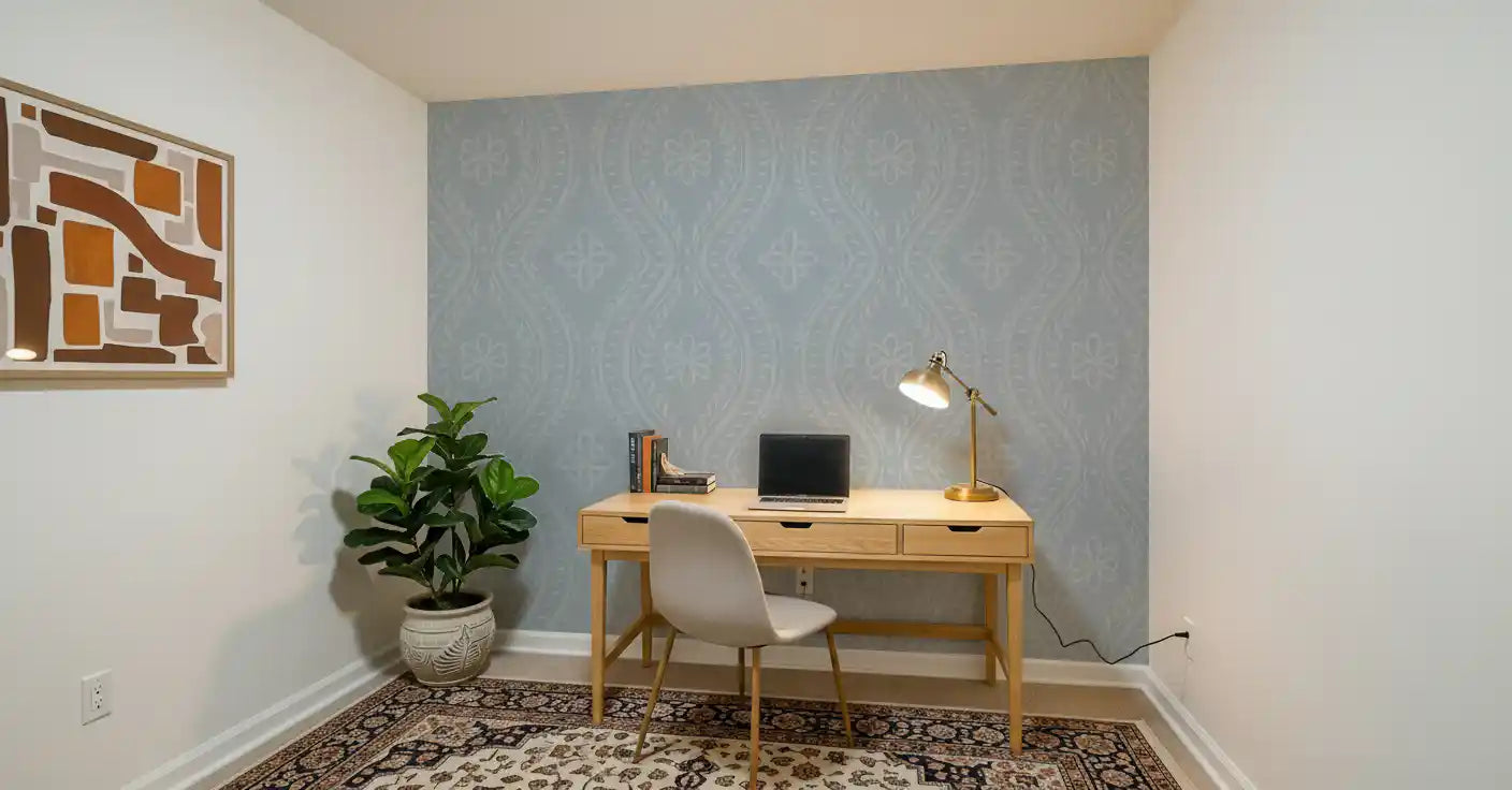 Faded Ogee Damask - French Blue Wallpaper⁠