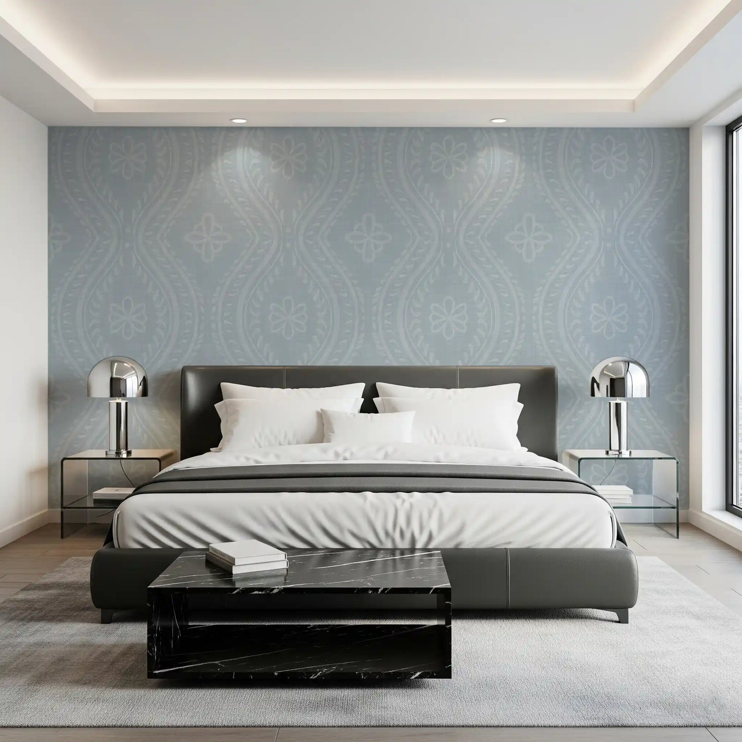 Faded Ogee Damask - French Blue Wallpaper⁠