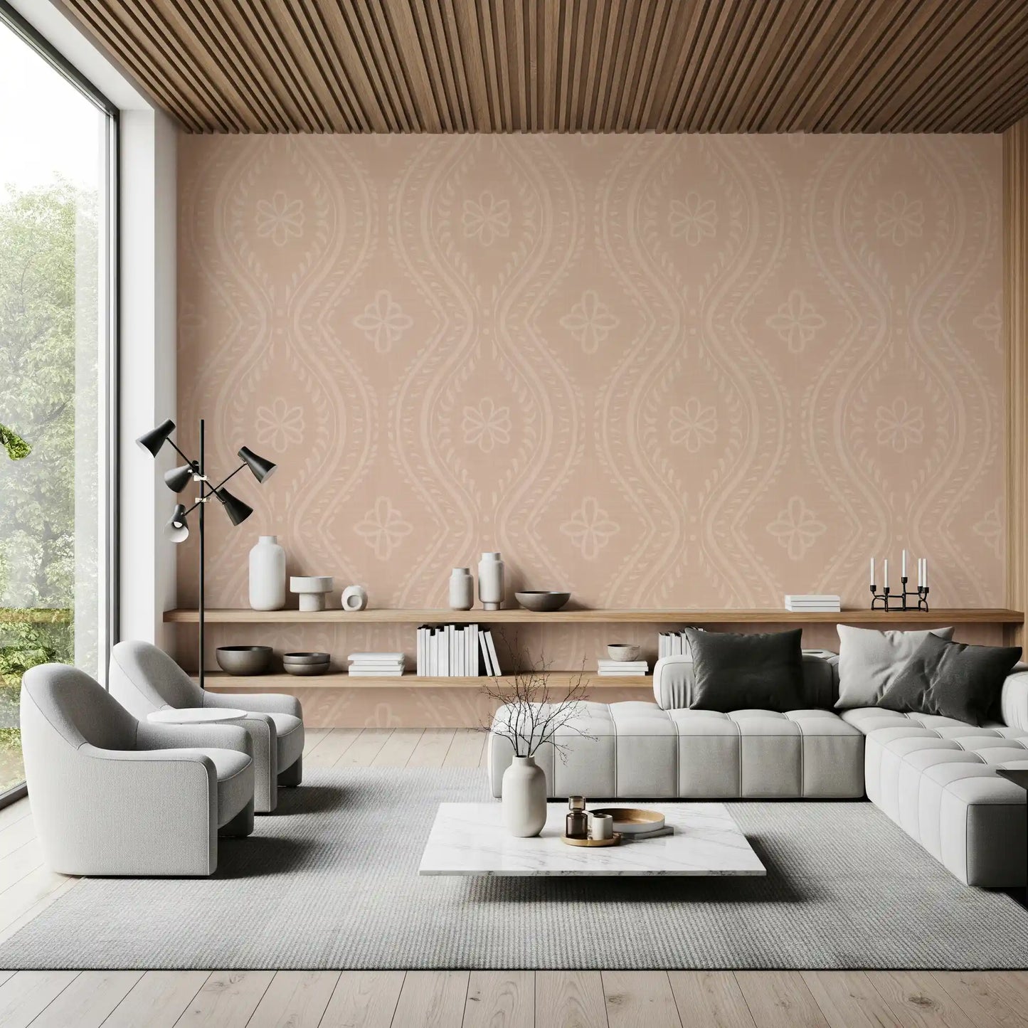 Faded Ogee Damask - Cinnamon Tea Wallpaper⁠