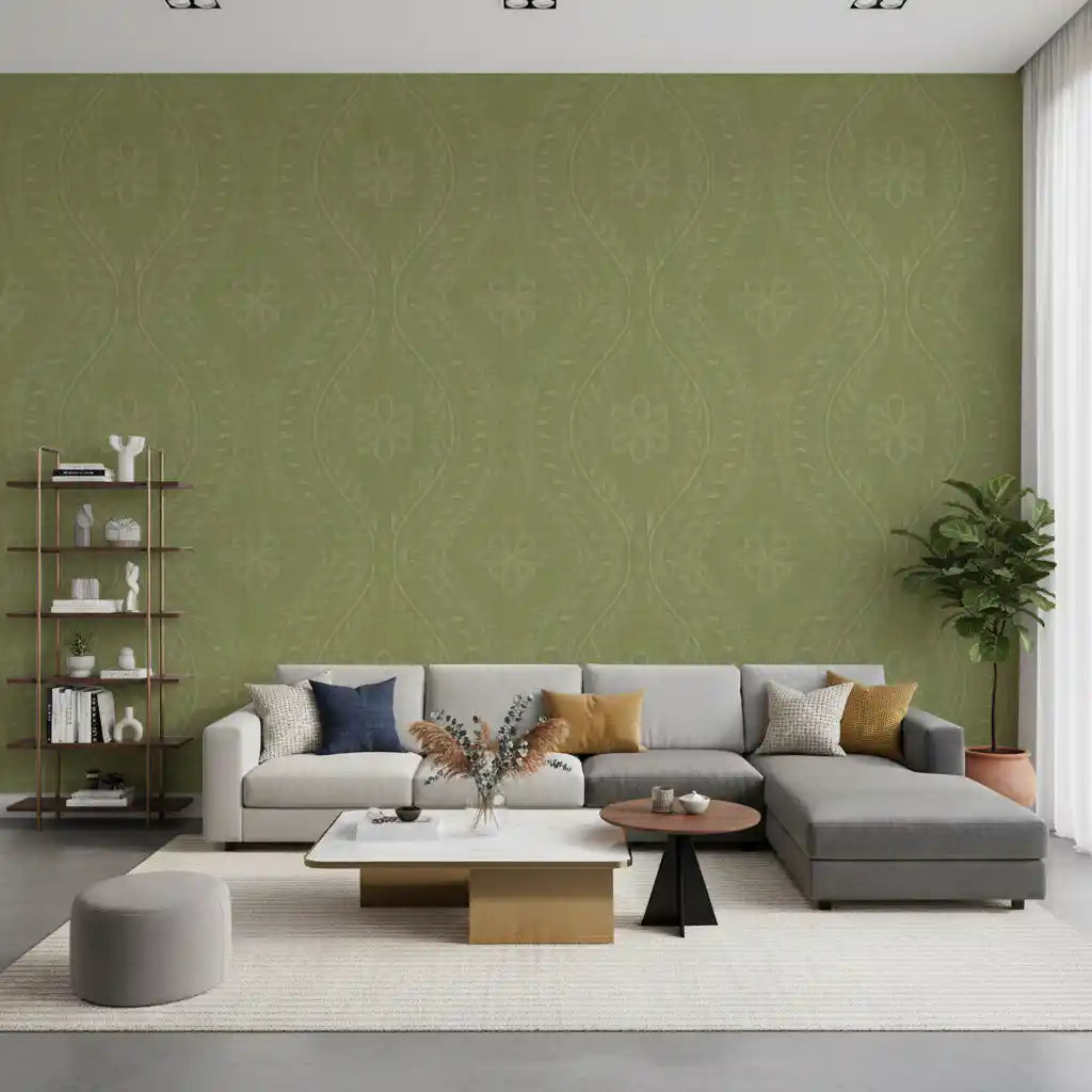 Faded Ogee Damask - Meadow Green Wallpaper⁠