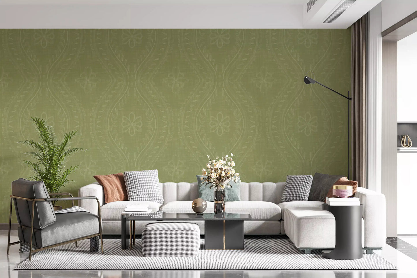 Faded Ogee Damask - Meadow Green Wallpaper⁠