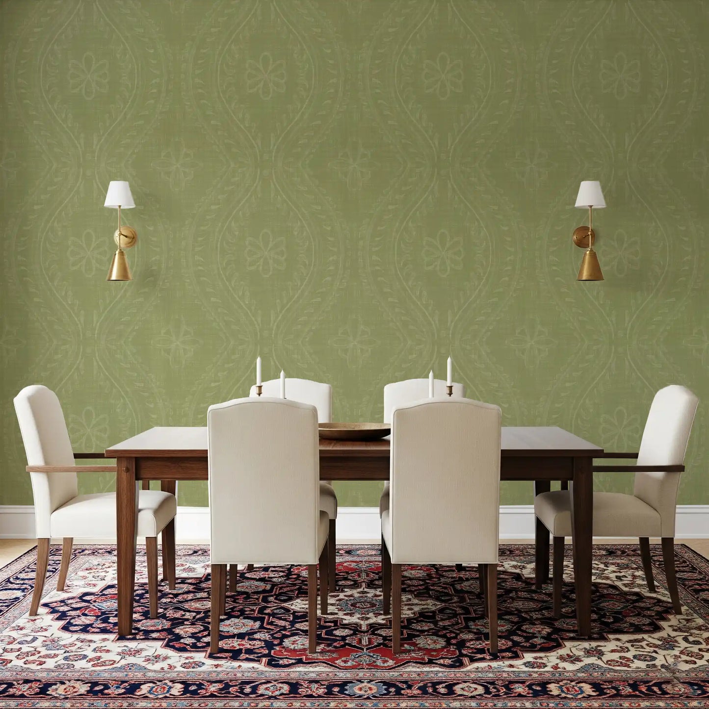Faded Ogee Damask - Meadow Green Wallpaper⁠