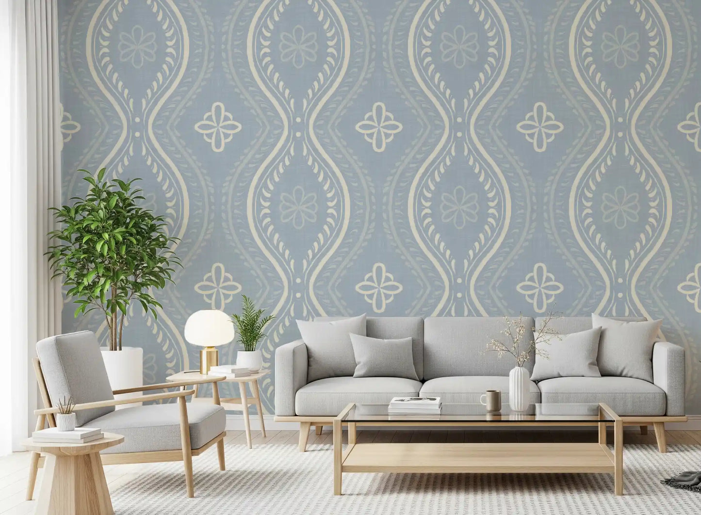 Faded Ogee Damask - French Country Blue Wallpaper⁠