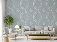 Faded Ogee Damask - French Country Blue Wallpaper⁠