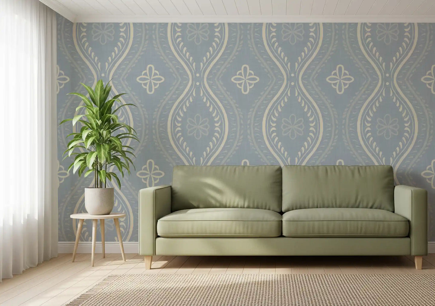 Faded Ogee Damask - French Country Blue Wallpaper⁠