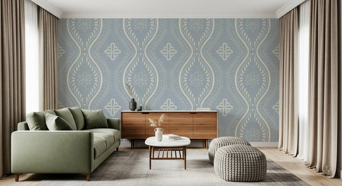 Faded Ogee Damask - French Country Blue Wallpaper⁠