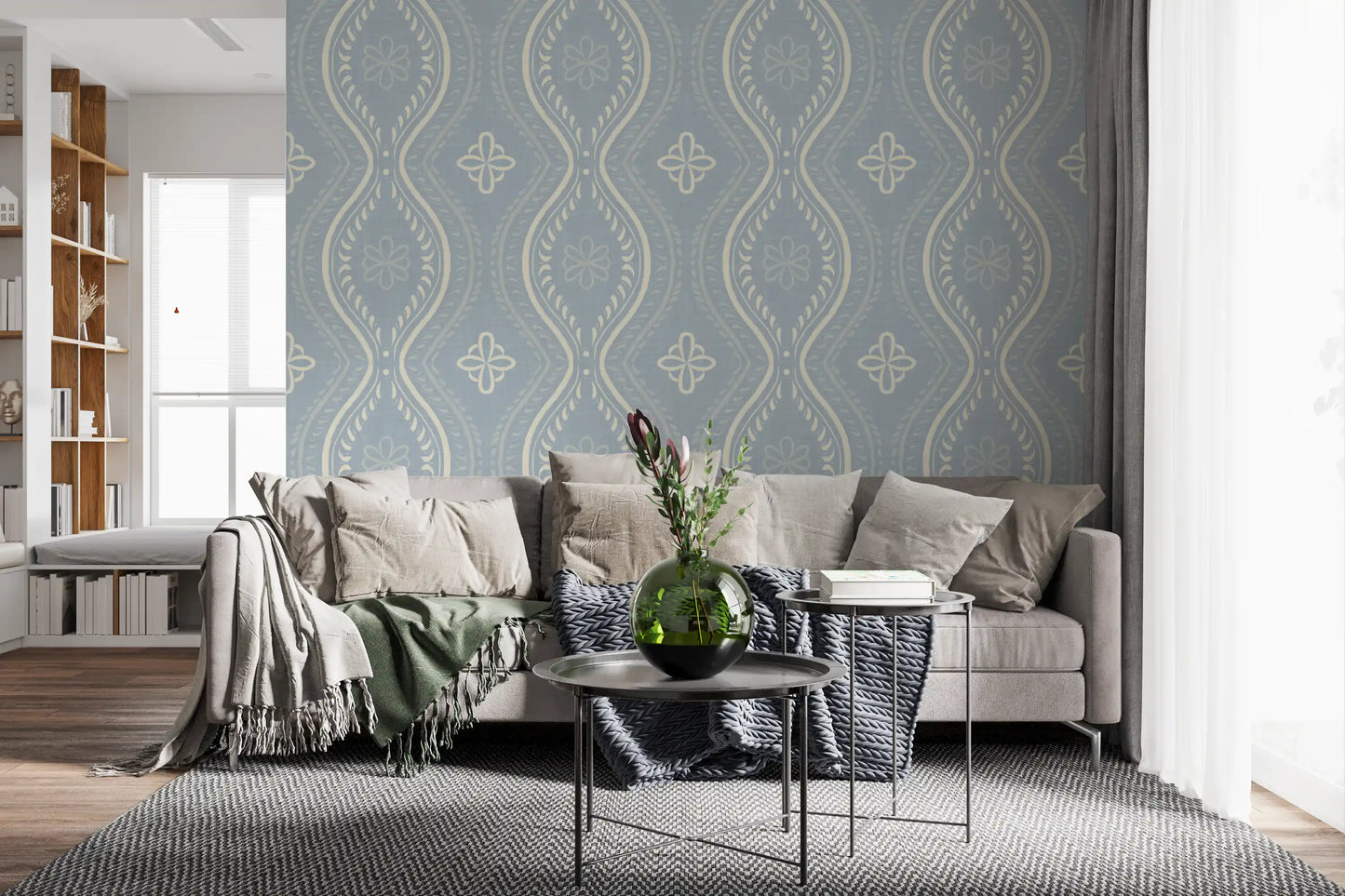 Faded Ogee Damask - French Country Blue Wallpaper⁠