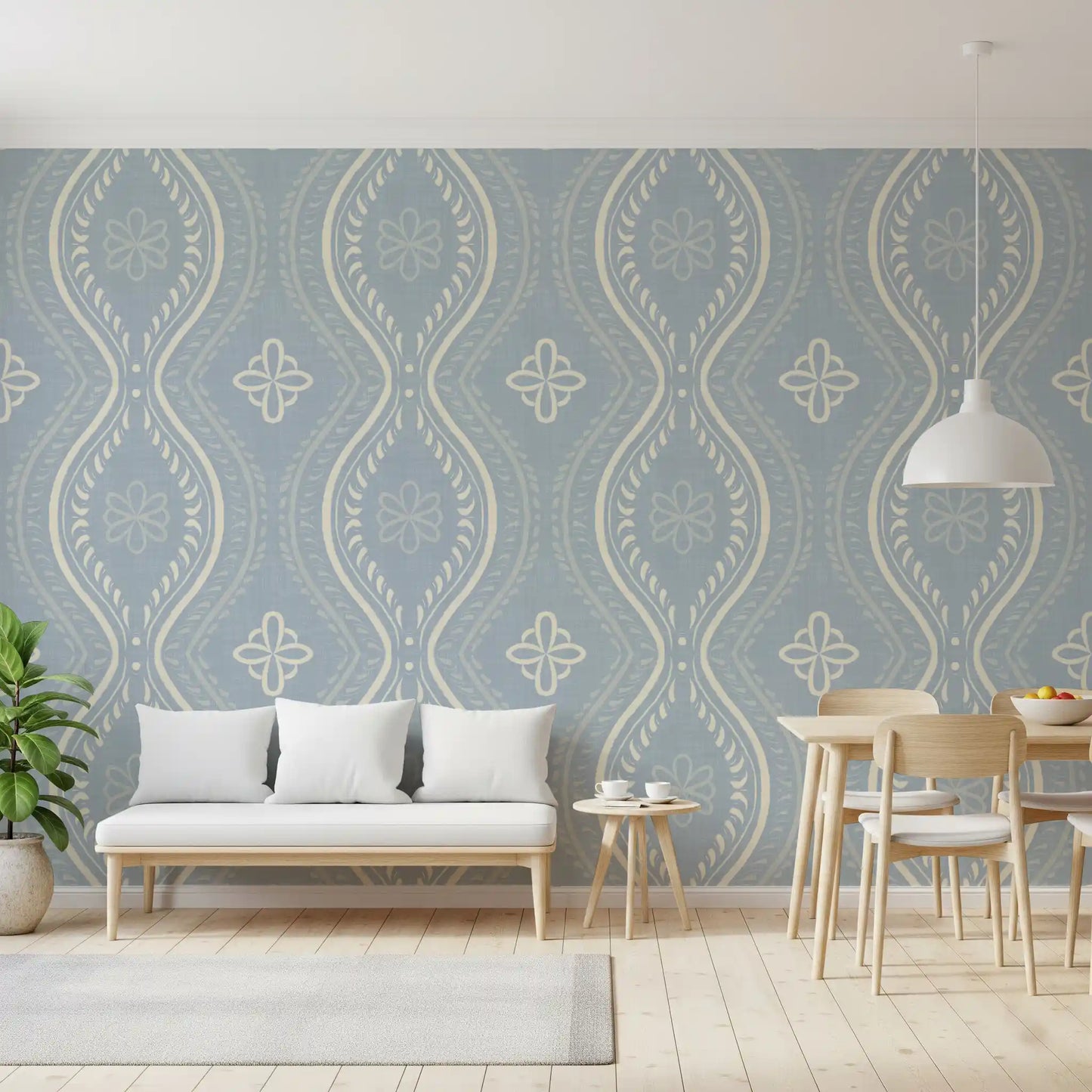 Faded Ogee Damask - French Country Blue Wallpaper⁠