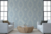 Faded Ogee Damask - French Country Blue Wallpaper⁠