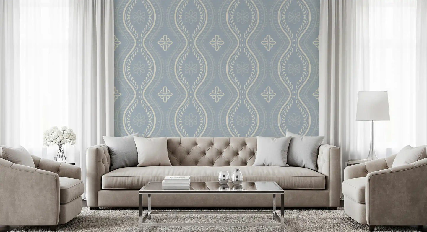 Faded Ogee Damask - French Country Blue Wallpaper⁠