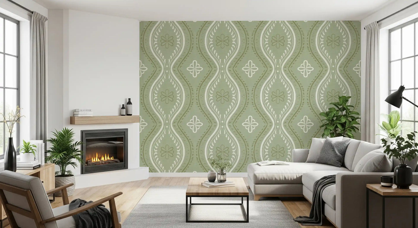 Faded Ogee Damask - Grandmillennial Green Wallpaper⁠