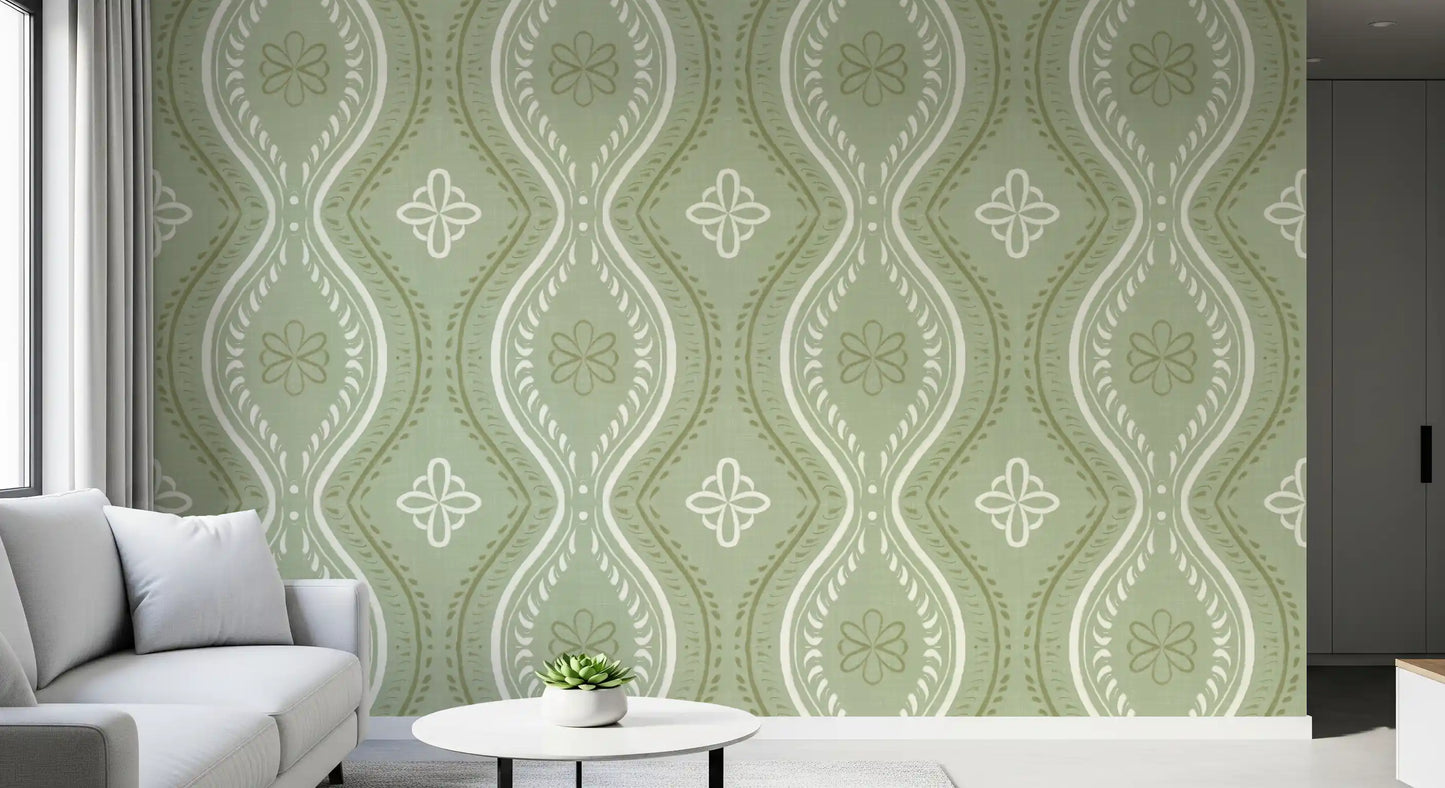 Faded Ogee Damask - Grandmillennial Green Wallpaper⁠