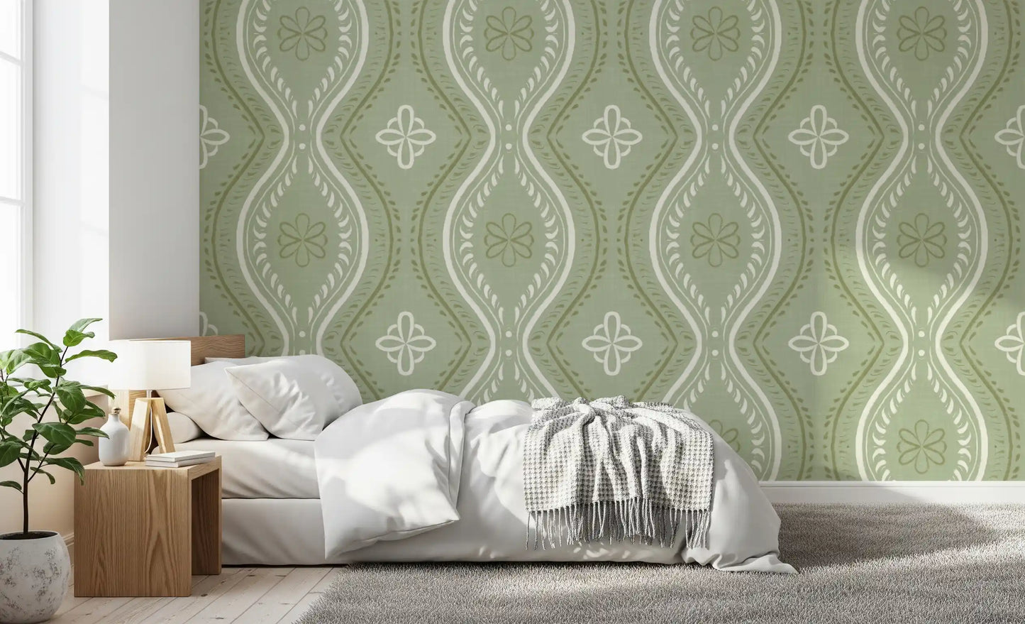 Faded Ogee Damask - Grandmillennial Green Wallpaper⁠