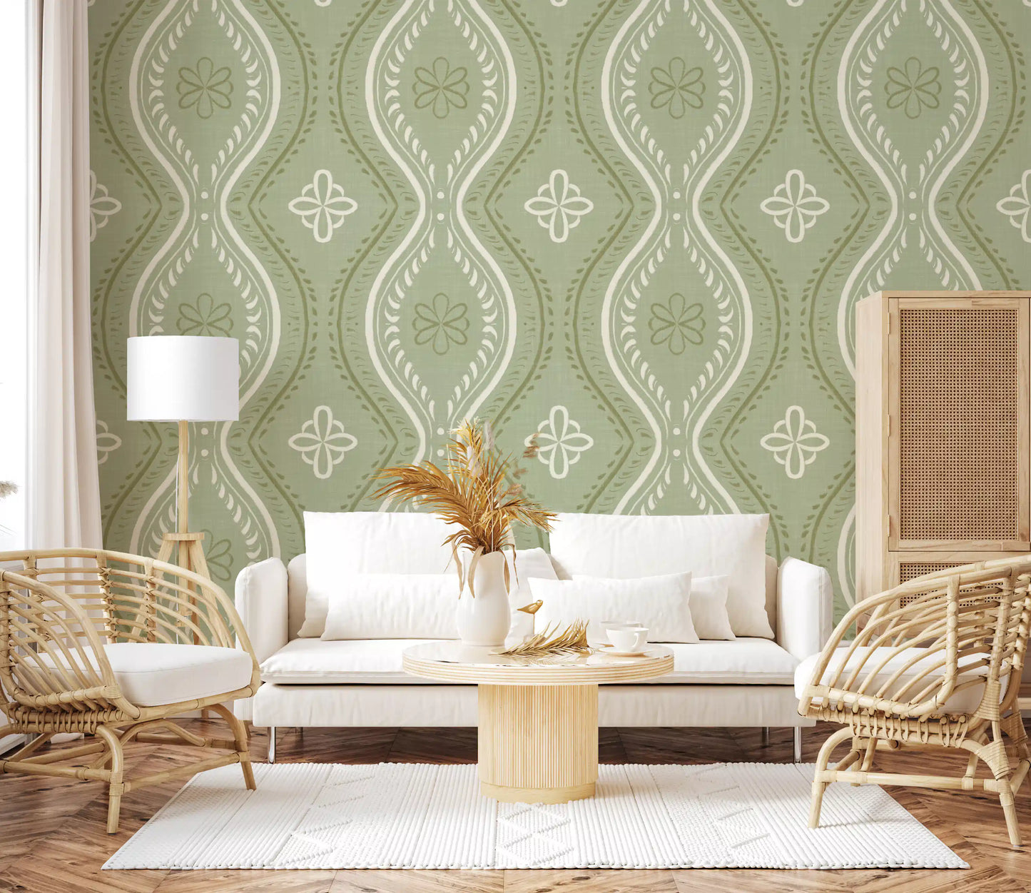 Faded Ogee Damask - Grandmillennial Green Wallpaper⁠