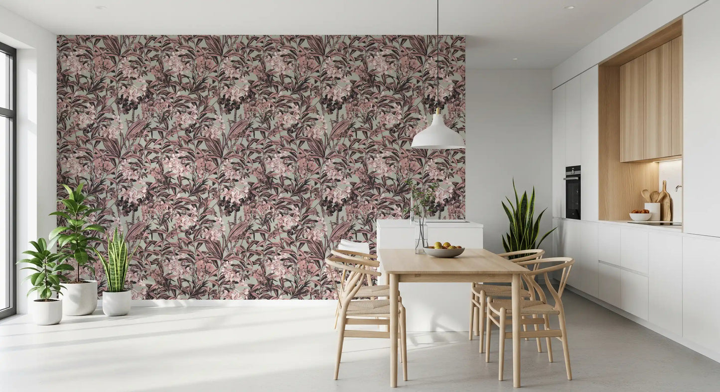 Muted Sage and Rose Garden Motif Wallpaper⁠