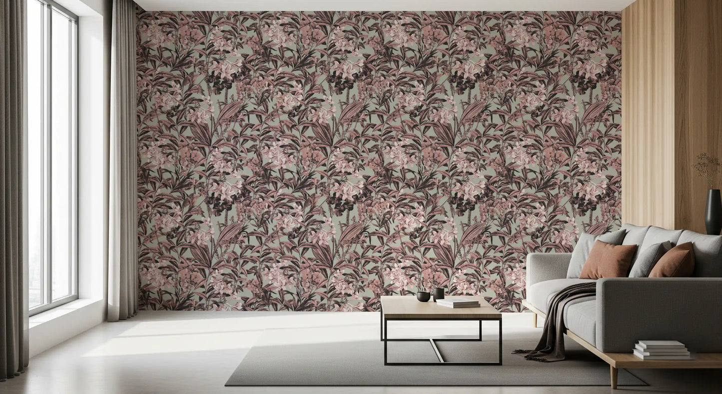 Muted Sage and Rose Garden Motif Wallpaper⁠