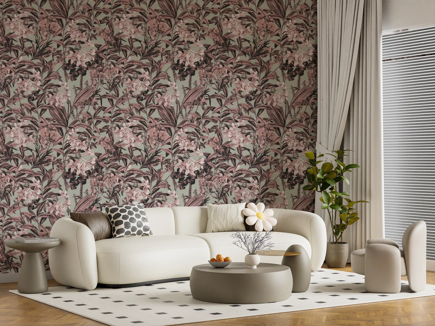 Muted Sage and Rose Garden Motif Wallpaper⁠
