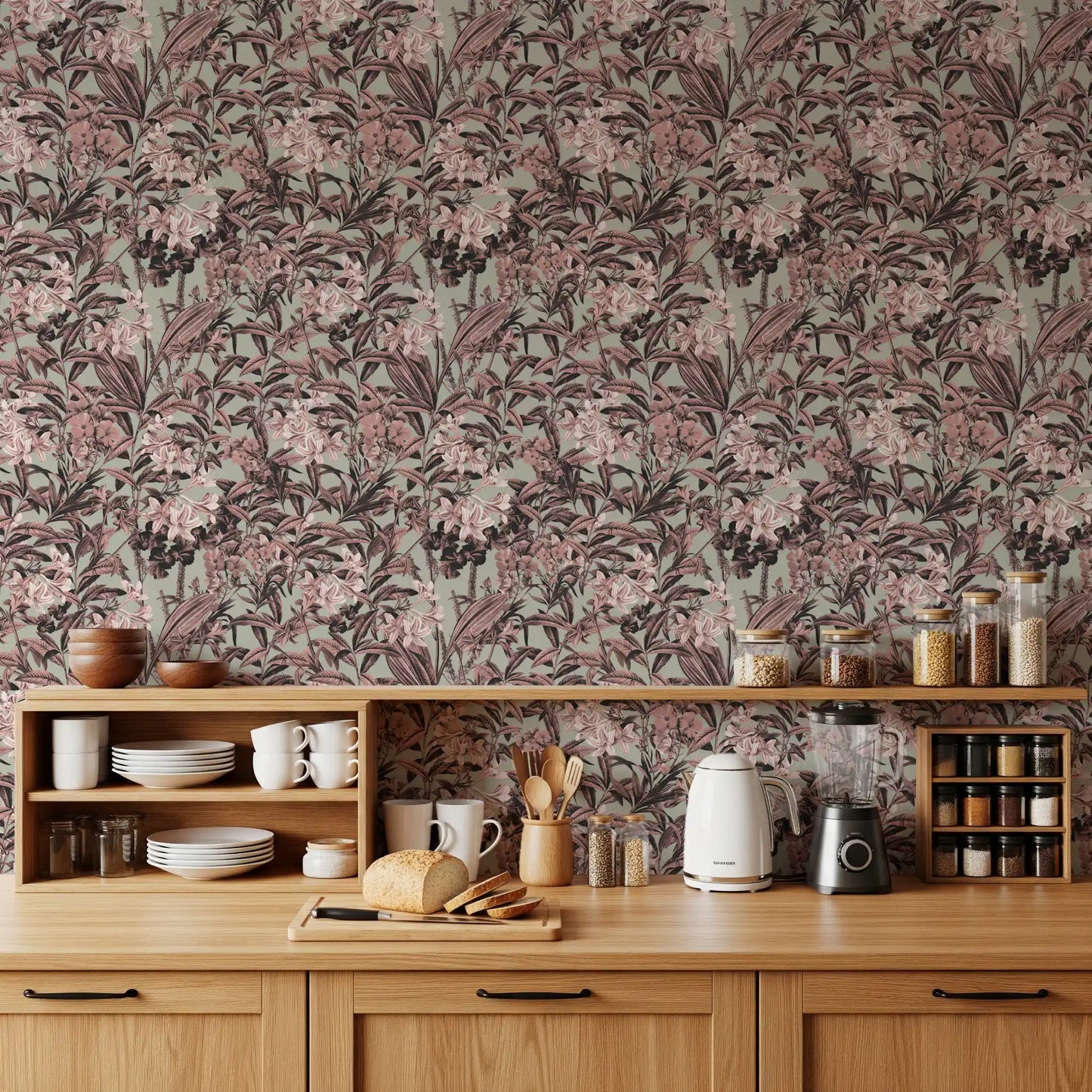 Muted Sage and Rose Garden Motif Wallpaper⁠
