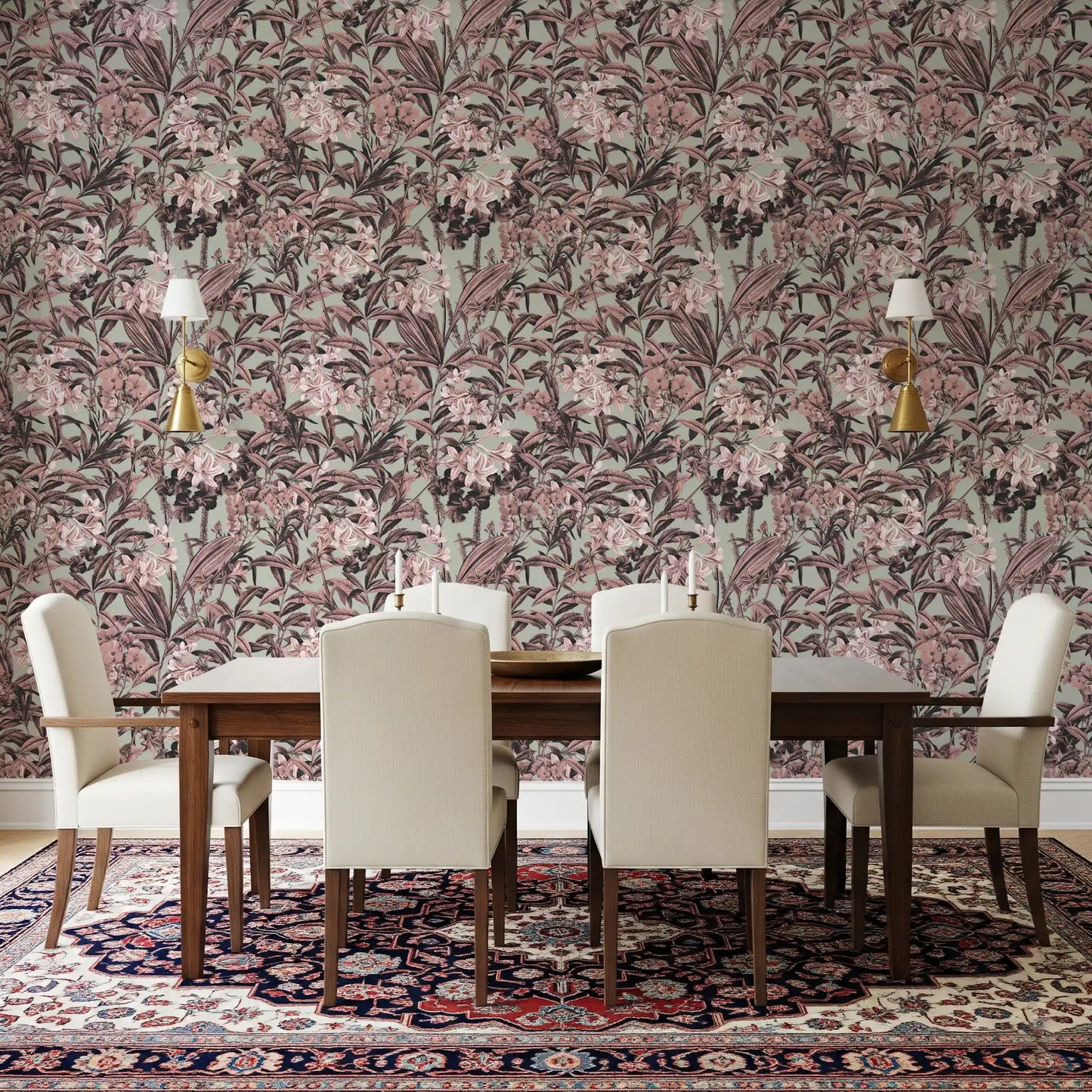 Muted Sage and Rose Garden Motif Wallpaper⁠