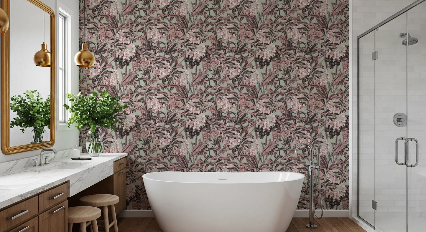 Muted Sage and Rose Garden Motif Wallpaper⁠