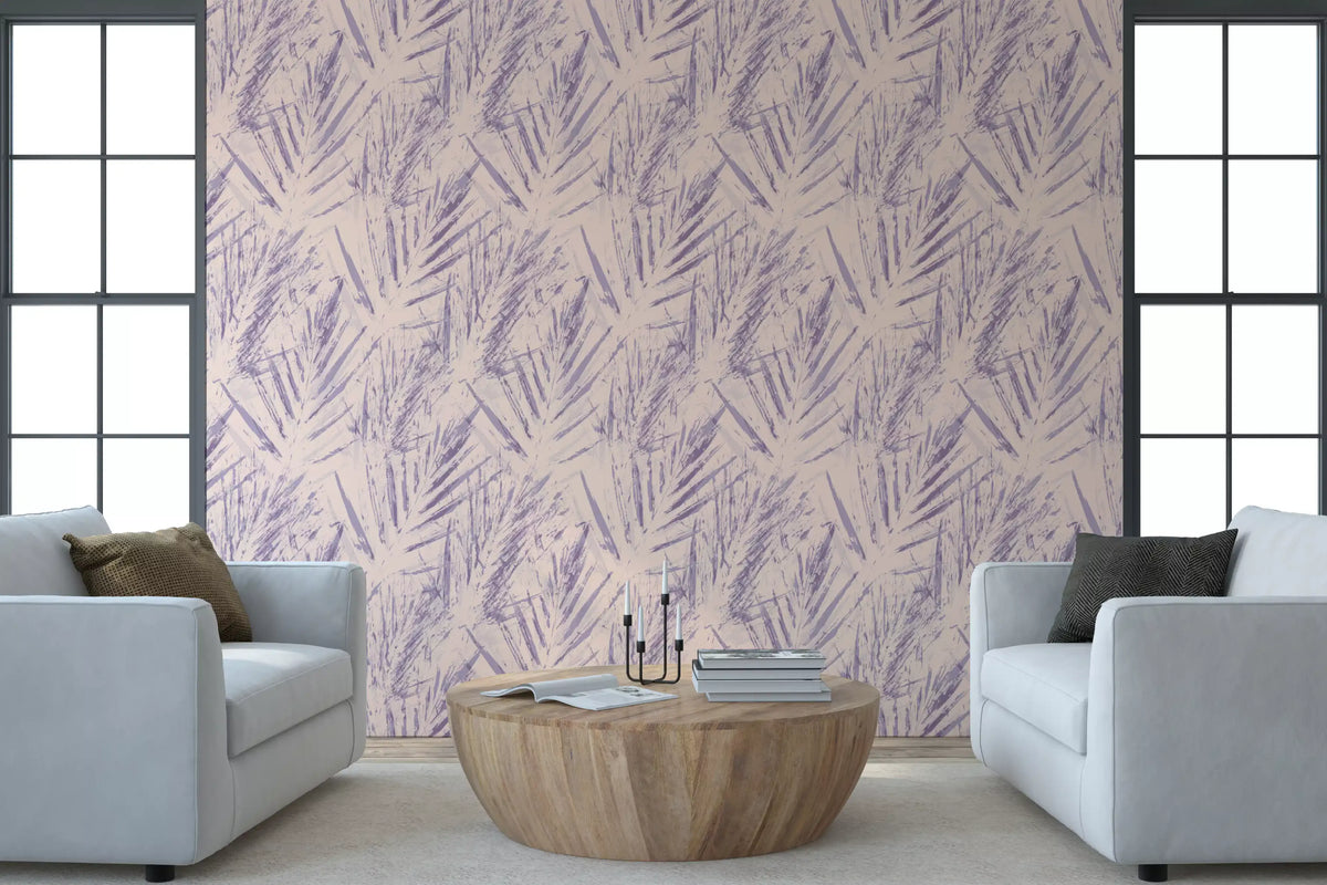 Abstract lavender fern wallpaper behind two pale blue armchairs in a bright living room GD12685