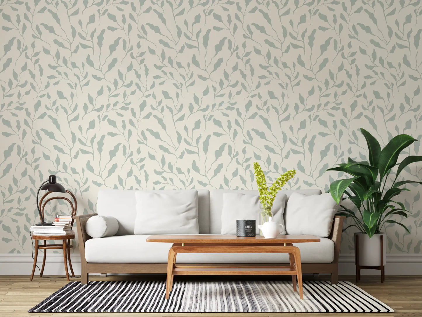 Cream and Sage Leaf Repeat Wallpaper⁠