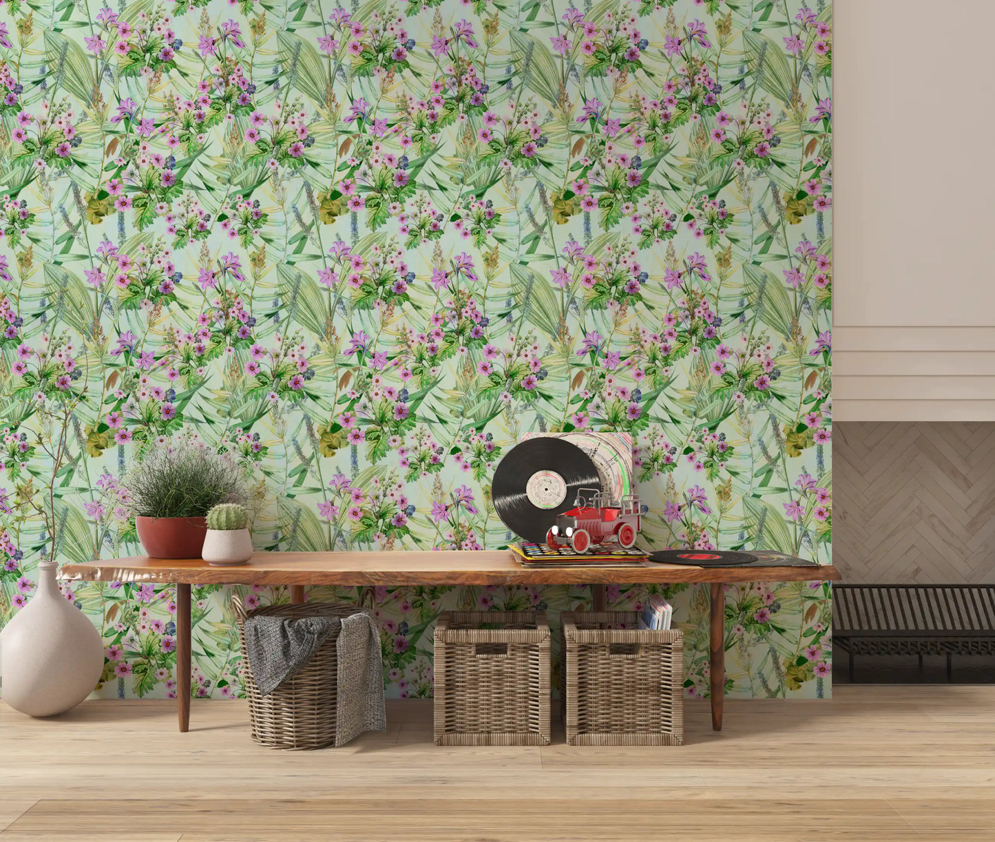 Soft Lilac and Leaf Garden Pattern Wallpaper⁠