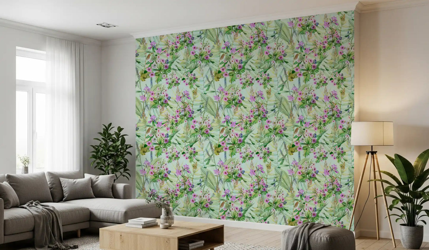 Soft Lilac and Leaf Garden Pattern Wallpaper⁠