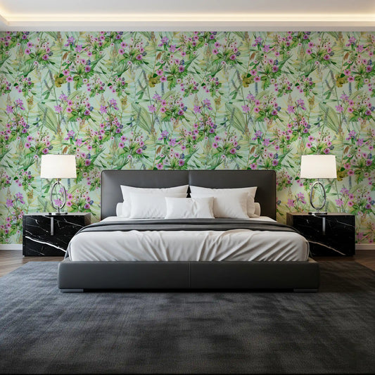 Soft Lilac and Leaf Garden Pattern Wallpaper⁠