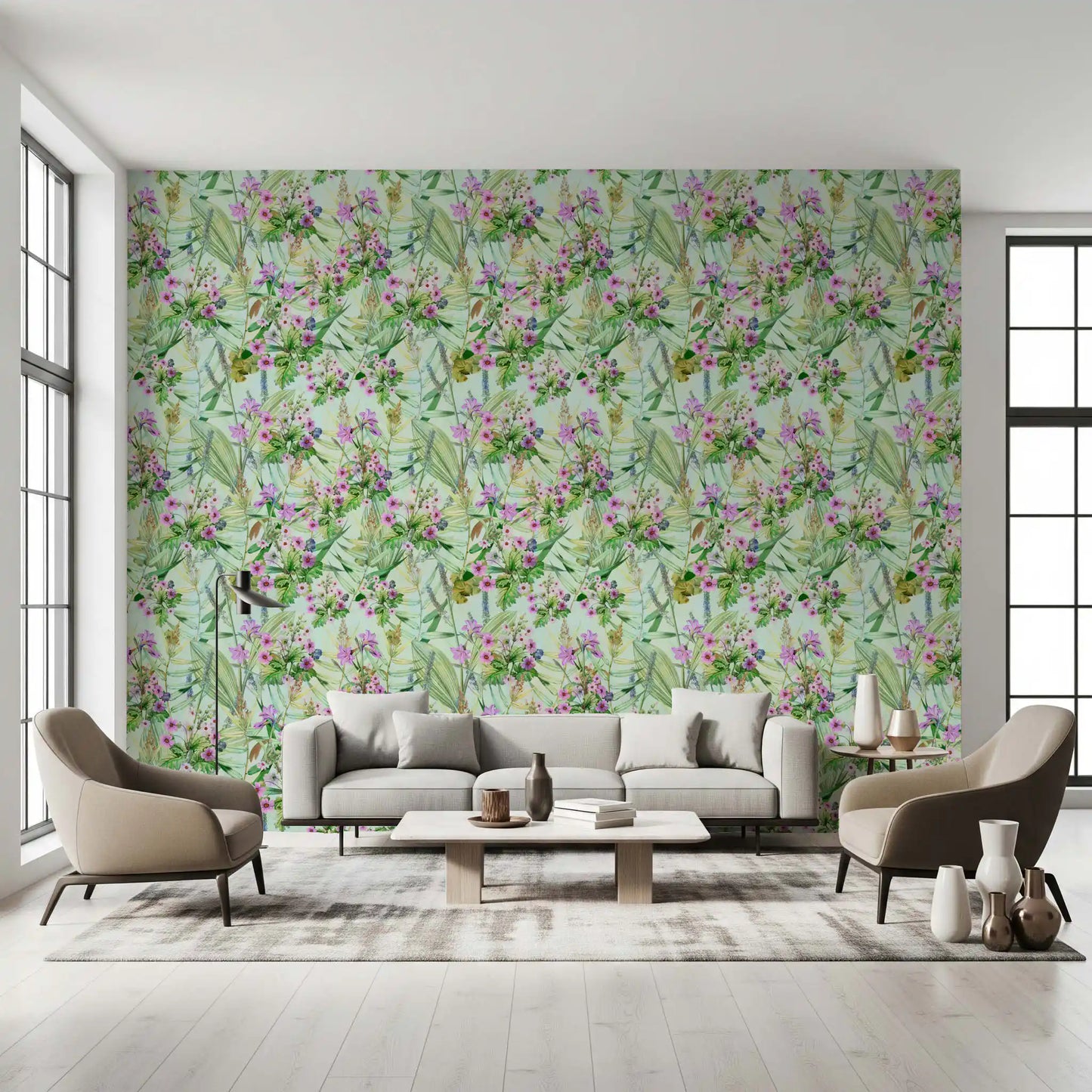 Soft Lilac and Leaf Garden Pattern Wallpaper⁠