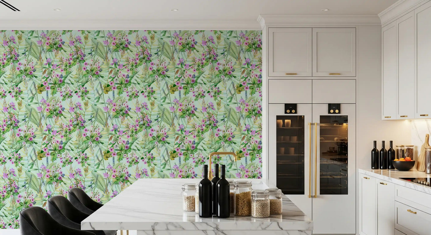 Soft Lilac and Leaf Garden Pattern Wallpaper⁠