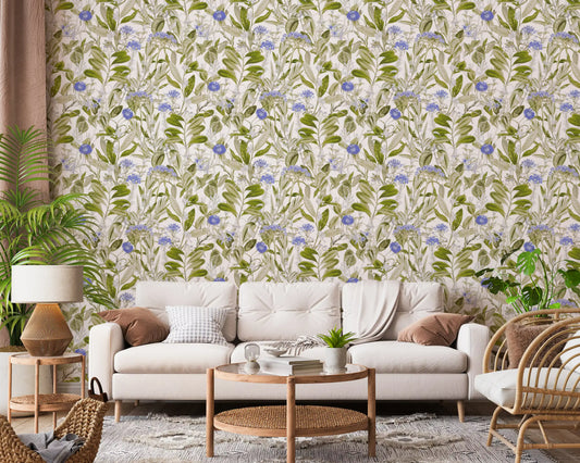 Serene Meadow Blue Floral Study Wallpaper⁠