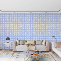 Abstract Cream and Blue Plaid Wallpaper⁠