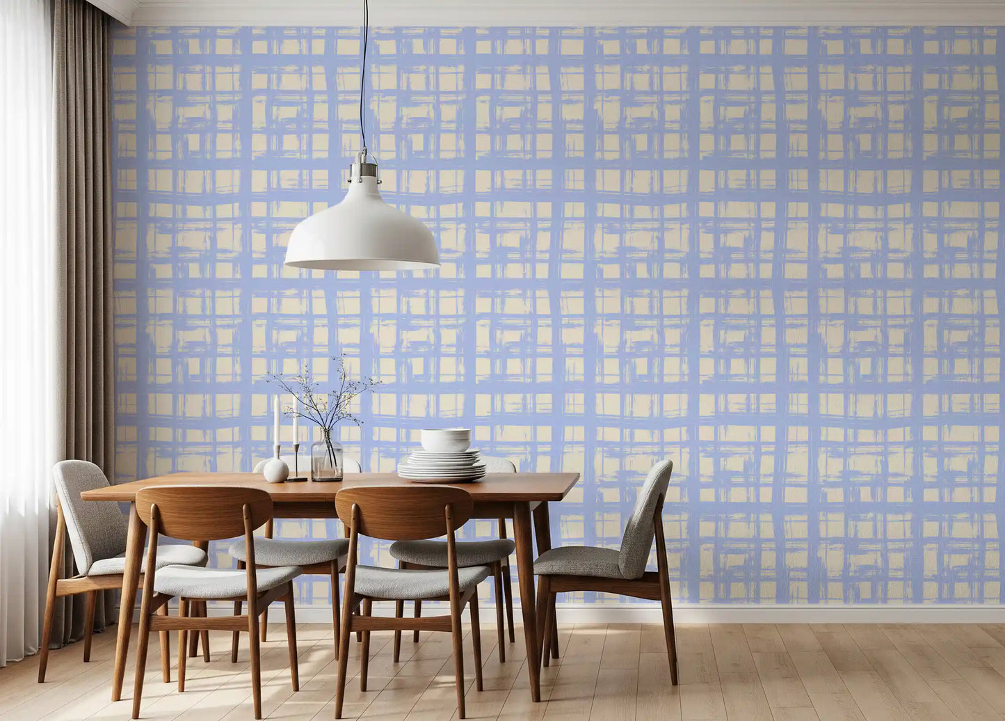 Abstract Cream and Blue Plaid Wallpaper⁠