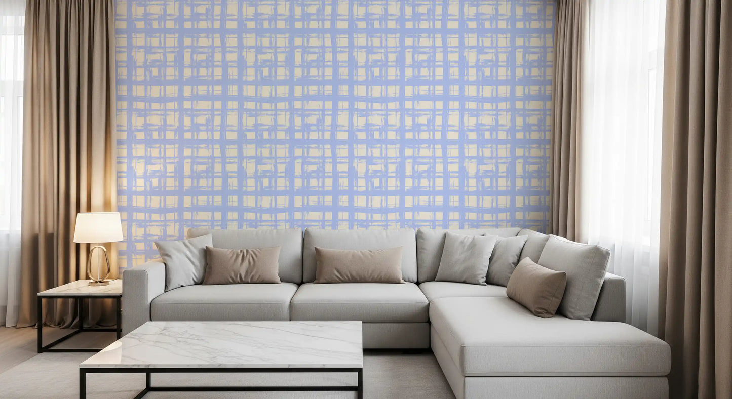 Abstract Cream and Blue Plaid Wallpaper⁠