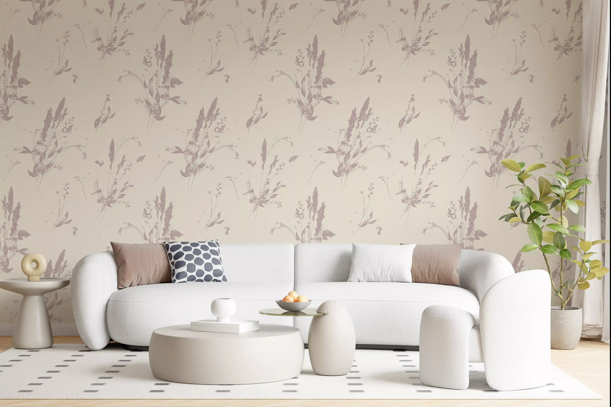 Blush meadow botanical wallpaper behind a white curved sofa with round ottomans GD12696