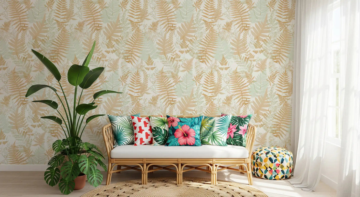 Woodland fern wallpaper behind a rattan chair with bright tropical print pillows GD12698