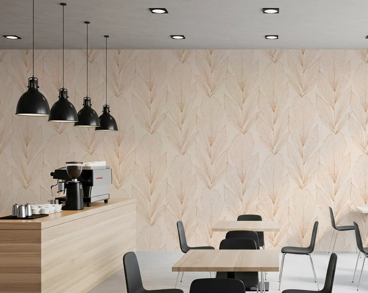 Earthy botanical line art wallpaper in a cafe corner with a coffee machine and dining table GD12710