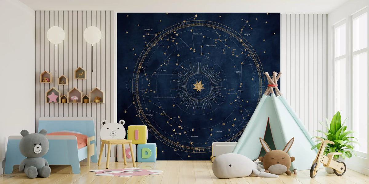 Cobalt astro wheel mural in a kids playroom with teepee tent and toys GD12714