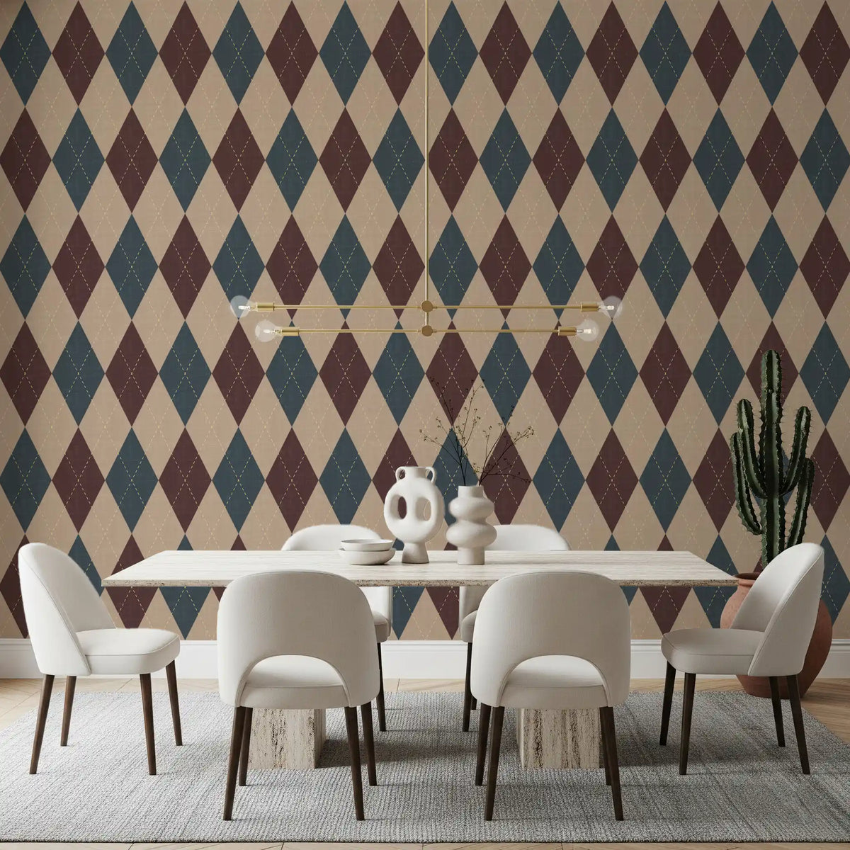 Cool tan and slate blue argyle harlequin wallpaper behind a white dining set GD12721