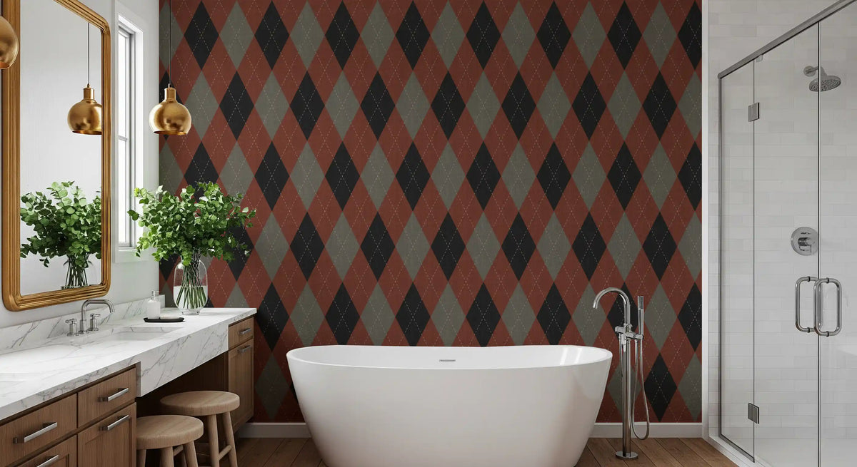 Argyle harlequin diamond wallpaper behind a freestanding tub in a marble bathroom GD12723