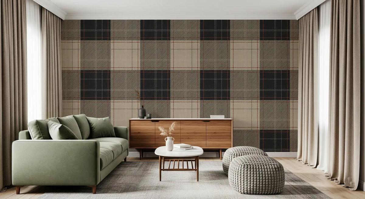 Tartan plaid wallpaper behind a sage green sofa and wood console GD12728