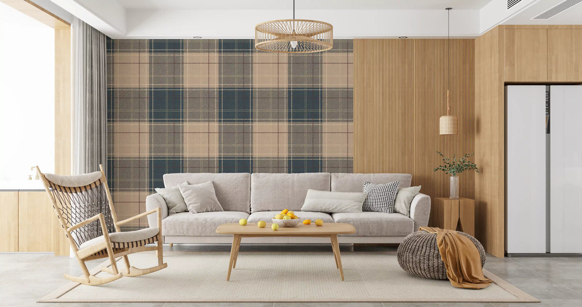 Indigo and beige tartan plaid wallpaper behind a grey sofa and wooden rocking chair GD12729