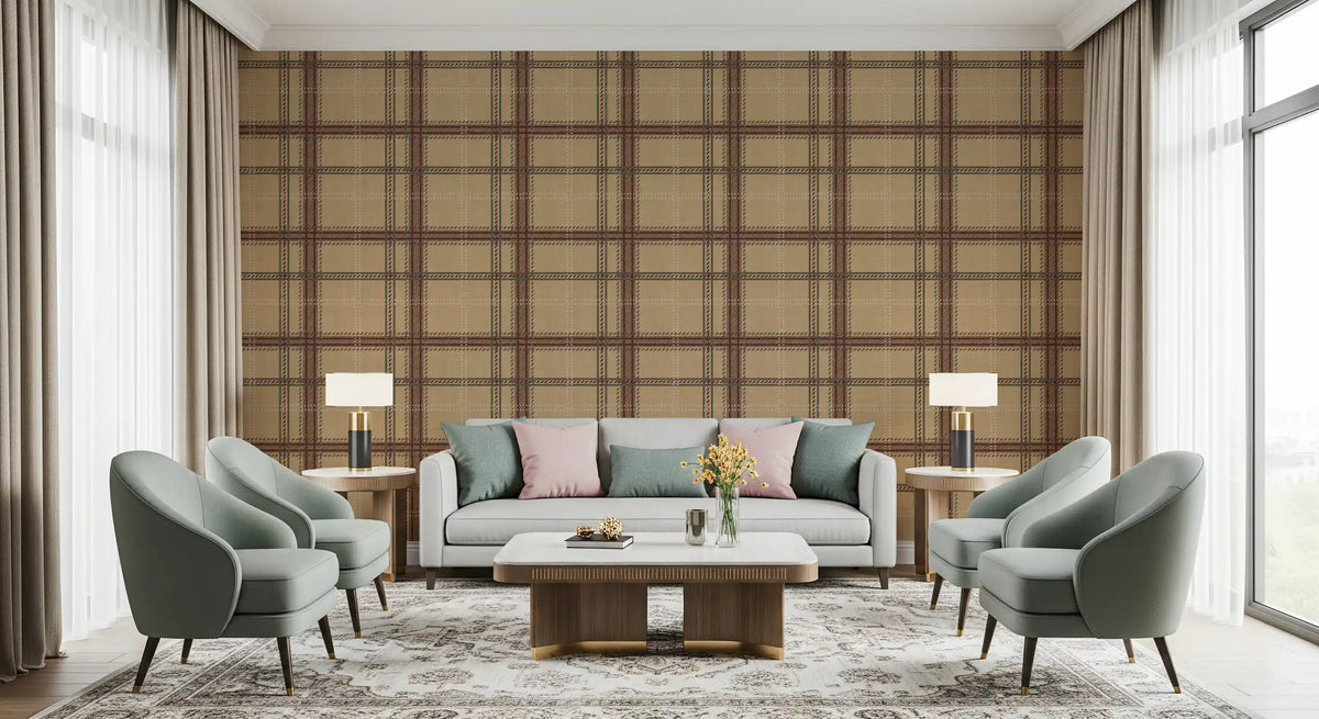 Warm earth windowpane tartan plaid wallpaper in a lounge with sage green armchairs GD12732