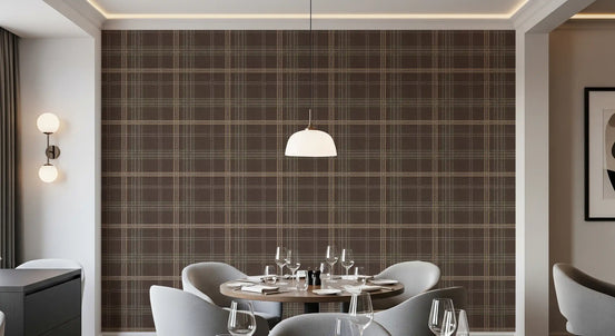 Soft taupe windowpane tartan plaid wallpaper in a dining nook with grey chairs GD12733
