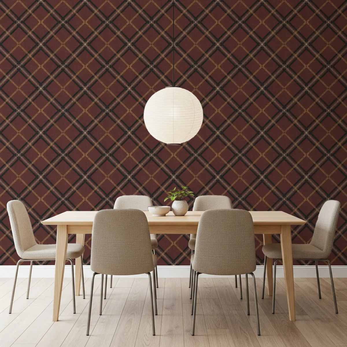 Burgundy tartan trellis plaid wallpaper in a dining room with wood table and taupe chairs GD12737