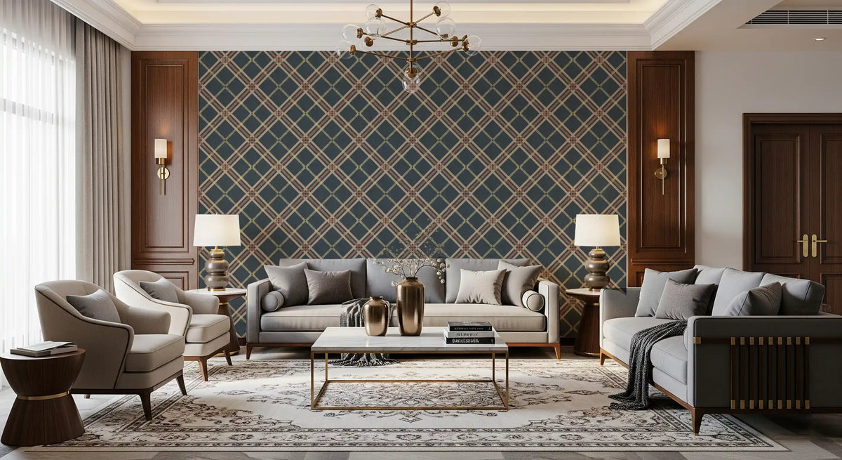 Teal tartan trellis plaid wallpaper in a formal living room with grey sofas and chandelier GD12738