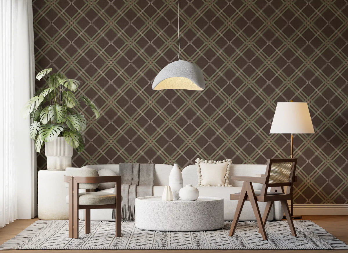 Brown tartan trellis plaid wallpaper in a living room with white sofa and wood chairs GD12739