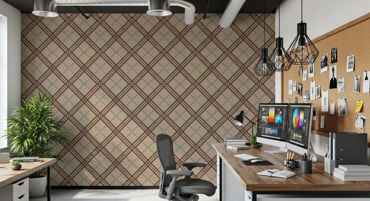 Beige tartan trellis plaid wallpaper in a home office with wood desk and cork board GD12740
