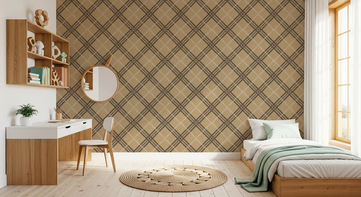Tartan plaid wallpaper in warm beige behind a wooden desk and single bed with mint throw GD12741